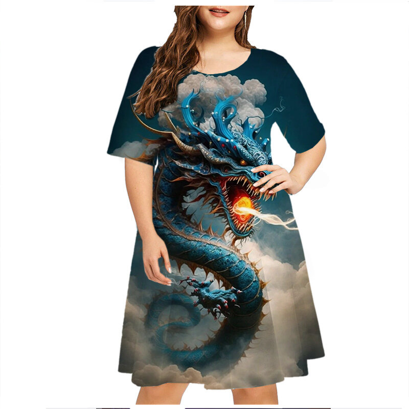 Женское платье с принтом дракона, свободное летнее платье с коротким рукавом и 3D-принтом, размеры до 6XL