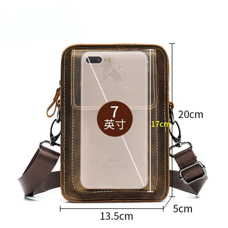 Men Leather Casual Waist Pack First Layer of Cowhide Multi-functional Single Shoulder Crossbody Portable Mobile Phone Brown Bag