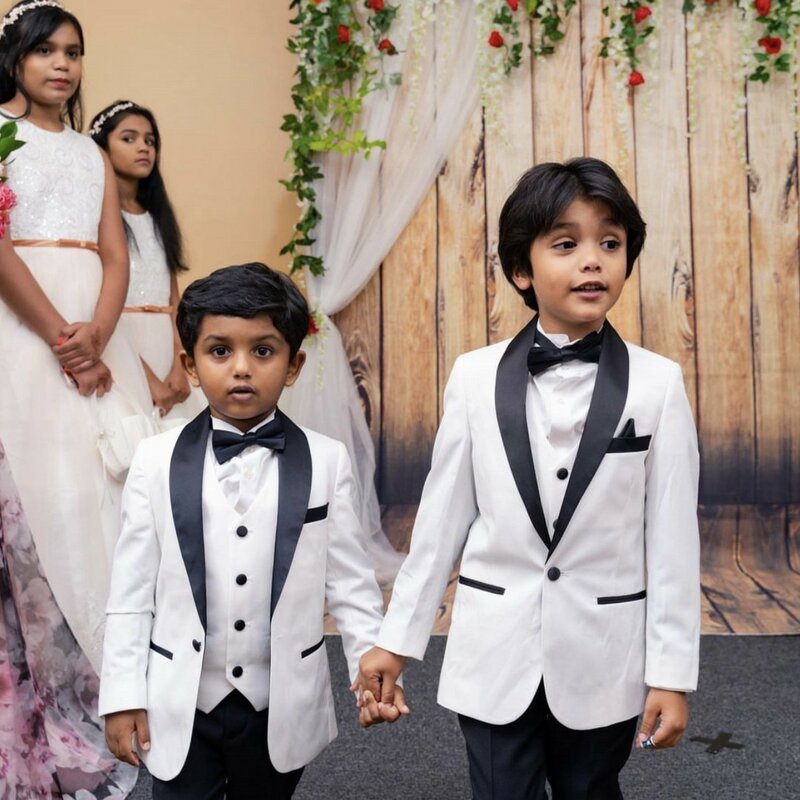 جديد أبيض بنين بزات رسمية لل زفاف البدلات الرسمية طفل أطفال حفلة عيد ميلاد أسود طوق حلقة حامل (سترة السراويل سترة القوس)