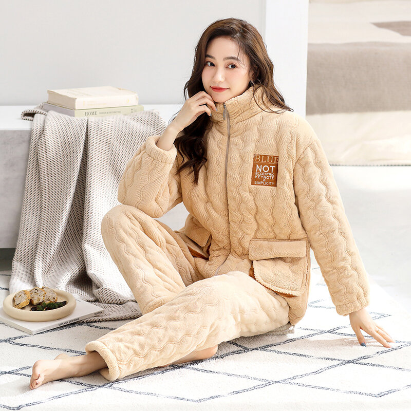 하이 퀄리티 겨울 3 레이어 클립 코튼 잠옷 세트, 여성용 따뜻한 가정 의류, 캐주얼 잠옷