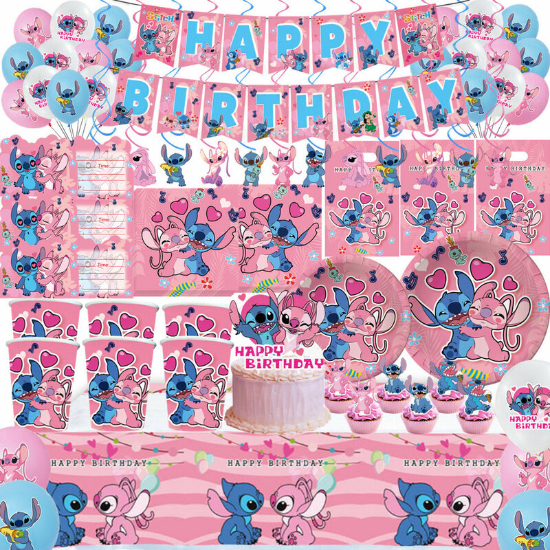 Suministros de fiesta de Disney Stitch, servilletas de papel, mantel, plato, globo, Ángel rosa, tema, Baby Shower, decoración de fiesta de cumpleaños de niñas