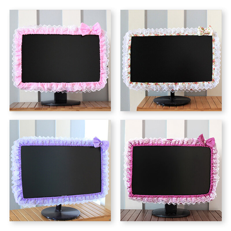 Cubierta de marco de computadora de tela de encaje, cubierta de polvo de pantalla de Monitor con bolígrafo elástico, lazo de bolsillo, decoraciones para el hogar