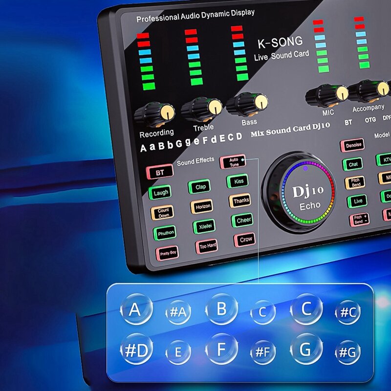 DJ 10 Soundkarte für Karaoke-Podcast-Aufnahme Live-Streaming Mixed Noise Control Core, drahtloses Bluetooth