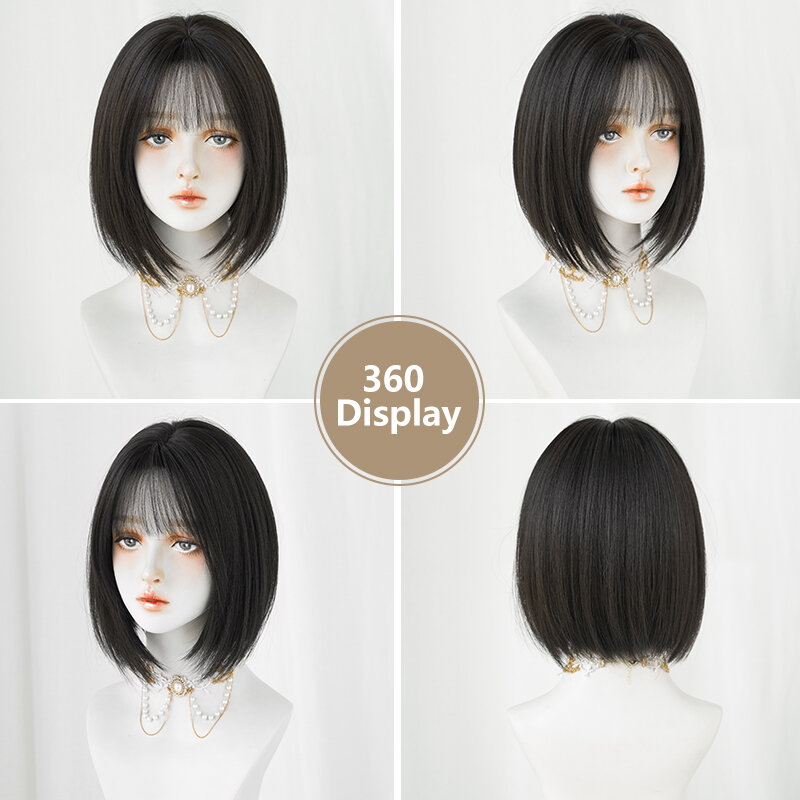 7JHH WIGS Layered Wig Synthetic Short Straight Bob Wig for Women Daily Use High Density Dark Brown Wigs with Curtain Bangs