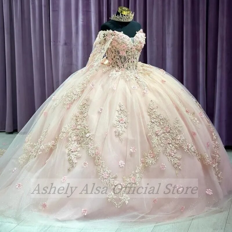 Arabic Mexico Pink Ball Gown Quinceanera Dress For 16 Girl Beaded 3D Flowers  Party Prom Dress With Cape Birthday Party Gowns
