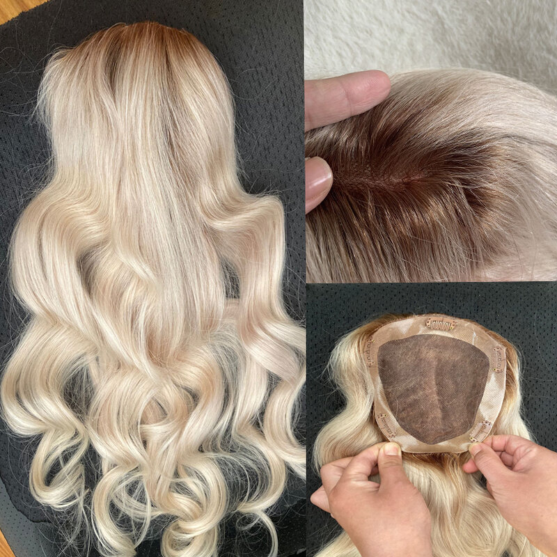 Topper de cheveux humains blonds en PU pour femmes, base mono, 100% cheveux Remy, pièce de cheveux, clip de peau, 6-20 pouces, document ombré, 4/613 cheveux toupet