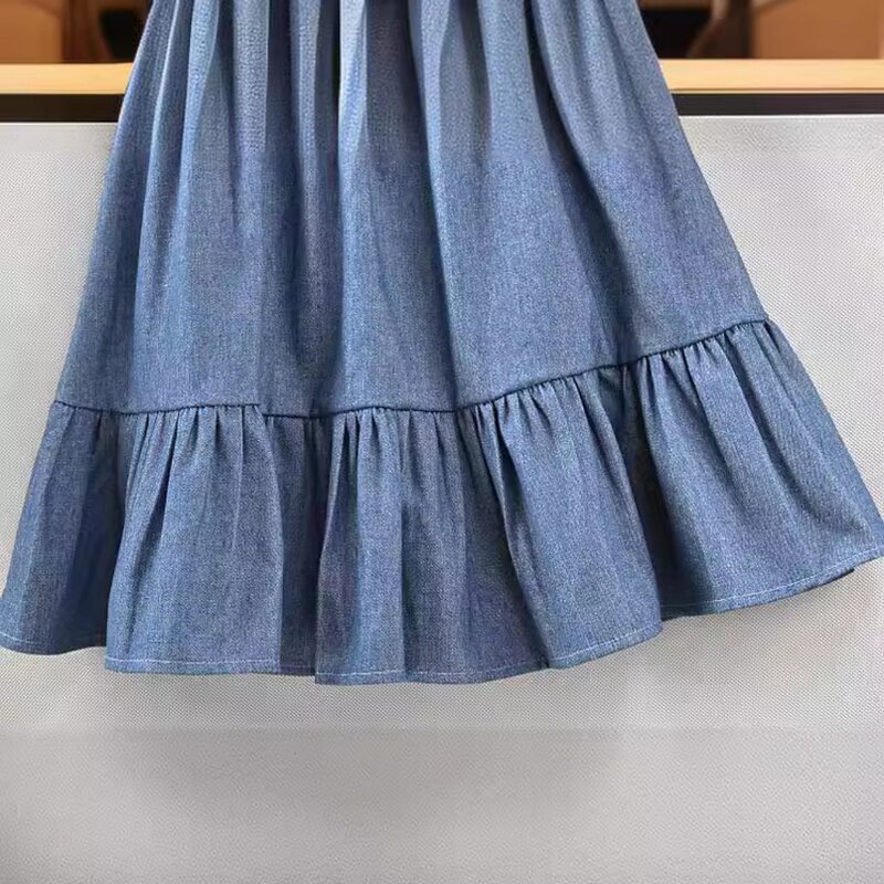 Women's A-line Denim Mini Skirt Patchwork with Ruffled Elastic High Waist Large Hem Mini Skirt Summer Short Skirt