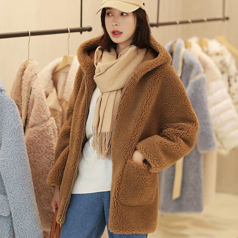 Mantel musim dingin wanita, jaket bulu domba bertudung sedang dan panjang kasual Solid Slim fit, mantel ritsleting saku besar, pencukur domba Jac