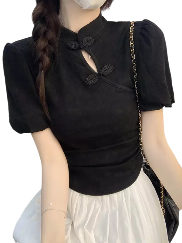 단색 스위트 레이디 티셔츠, 중국 슬림 웨이스트 슬림 여성 티셔츠, 심플한 기본 시크한 상의, 여름 신상
