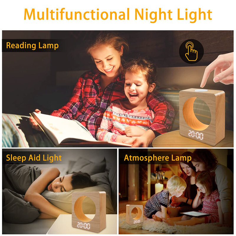 Kids Table Night Light Despertador de madeira Touch Sensing Time Memória LED Display USB Port Touch Button Night Light Table Clock