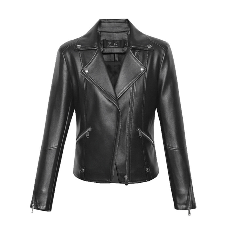 New Women Leather Jacket Spring Autumn Casual Fashion Suit Collar Slim Split Leather Outerwear Motorbiker Style Short Coat