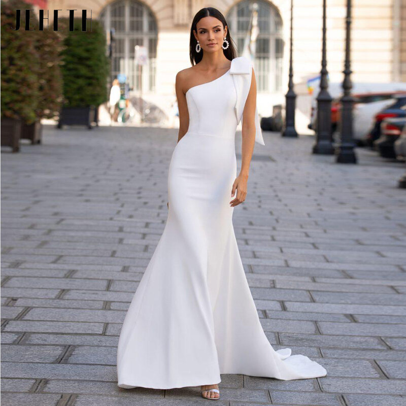 Женское атласное платье с юбкой-годе, простое свадебное платье без бретелек на одно плечо, с открытой спиной и бантом, со шлейфом, лето 2022