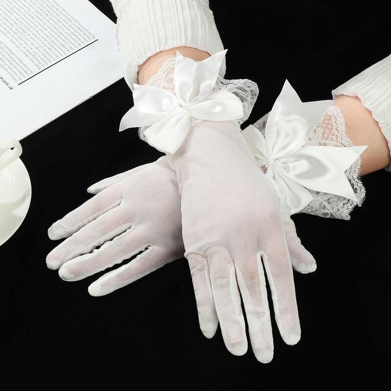Huwelijksfeest Chiffon Witte Bruid Wanten Strik Rijhandschoenen Kanten Handschoenen