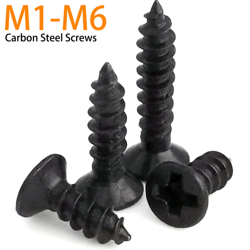 Tornillo autorroscante de cabeza plana cruzada, Mini tornillo Phillips negro de acero al carbono, 40/100/200 piezas, M1, M2, M2.3, M2.6, M3, M3.5, M4, M5 CM