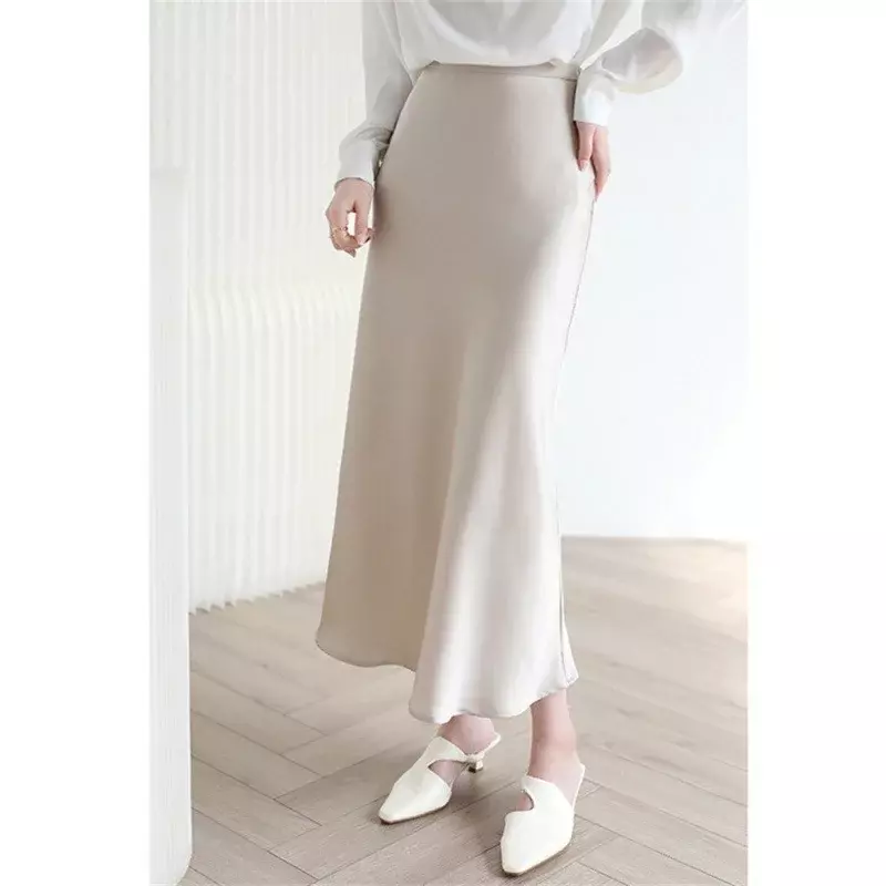 Белая атласная юбка средней длины, атласные офисные женские официальные платья 2024, женское платье-макси из искусственного шелка с юбкой-годе
