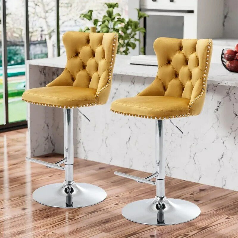 Bar Stools Set of 2,Adjustable Barstools with Back Velvet Tufted Counter Stool Modern Upholstered Bar Chairs with Nailhead