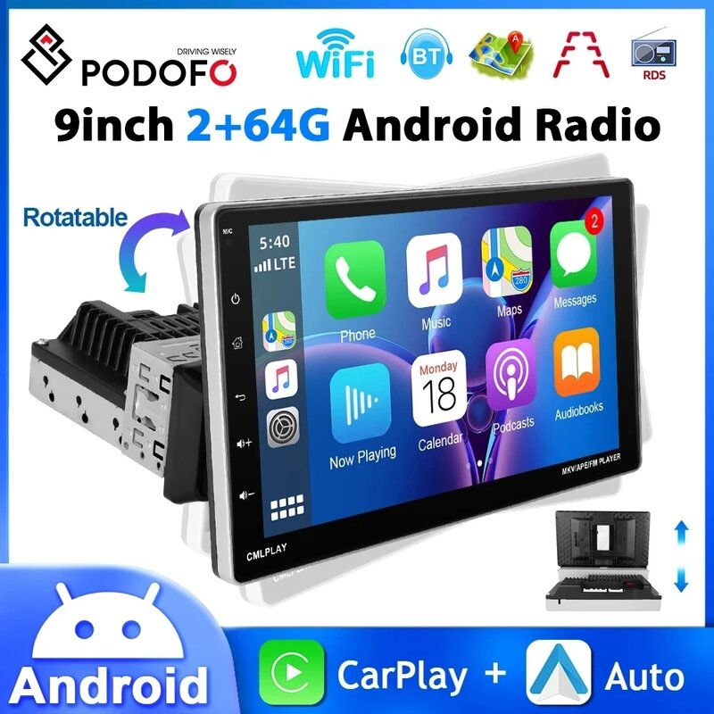 Podofo 안드로이드 자동차 라디오, 자동차 멀티미디어 카플레이, 안드로이드 자동 와이파이, GPS 네비게이션, 지능형 자동차 시스템, 1Din, 9 인치, 2G, 64G