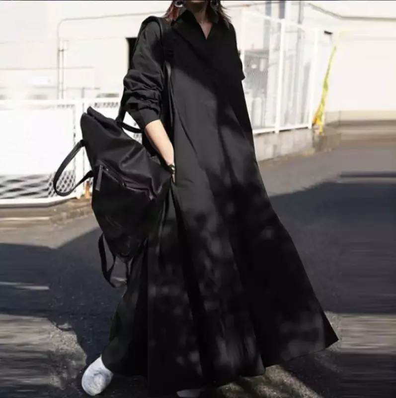 Уличная Женская юбка, новинка 2024, однотонное милое свободное однотонное платье в стиле ретро с длинными рукавами и откидным воротником