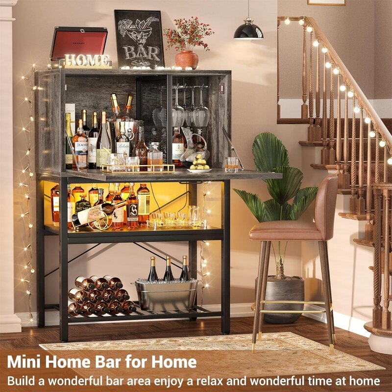 Flippable Bar Cabinet with LED & Power Outlets, 4-Tier Home Bar with Flippable Door, Tall Liquor Cabinet with Glass Holde