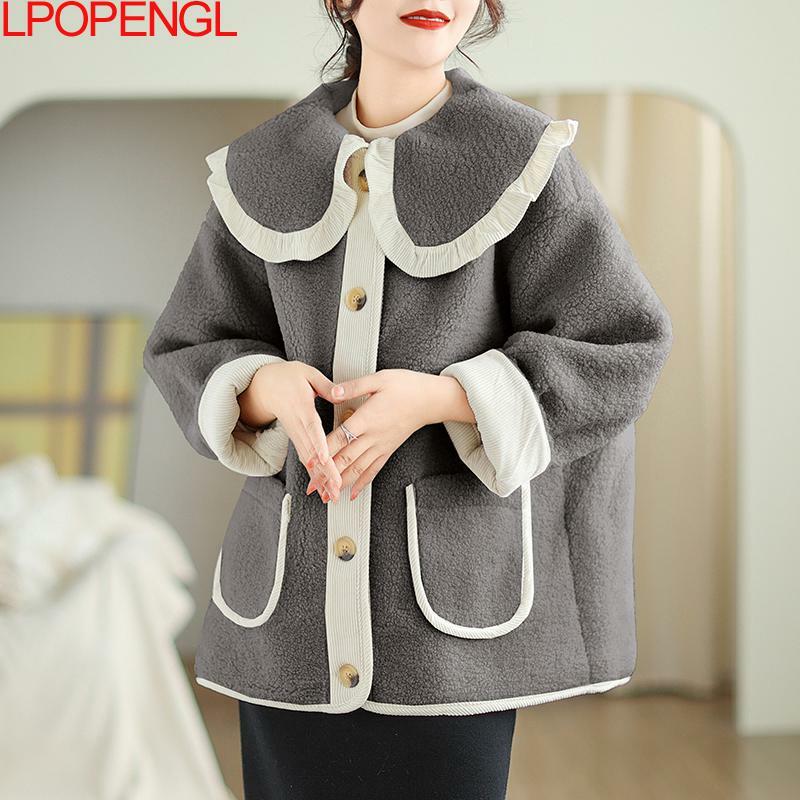 Cárdigan de lana de cordero para mujer, chaqueta de cintura ancha, retales sueltos de manga larga, de una sola botonadura abrigo, ropa de calle, Otoño e Invierno