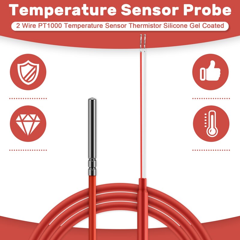 Sensor de temperatura PT1000, termistor, silicone revestido em gel, sonda de 1,5 metros, 45mm x 5mm, RTDs-50-180 centígrados, 2 fios