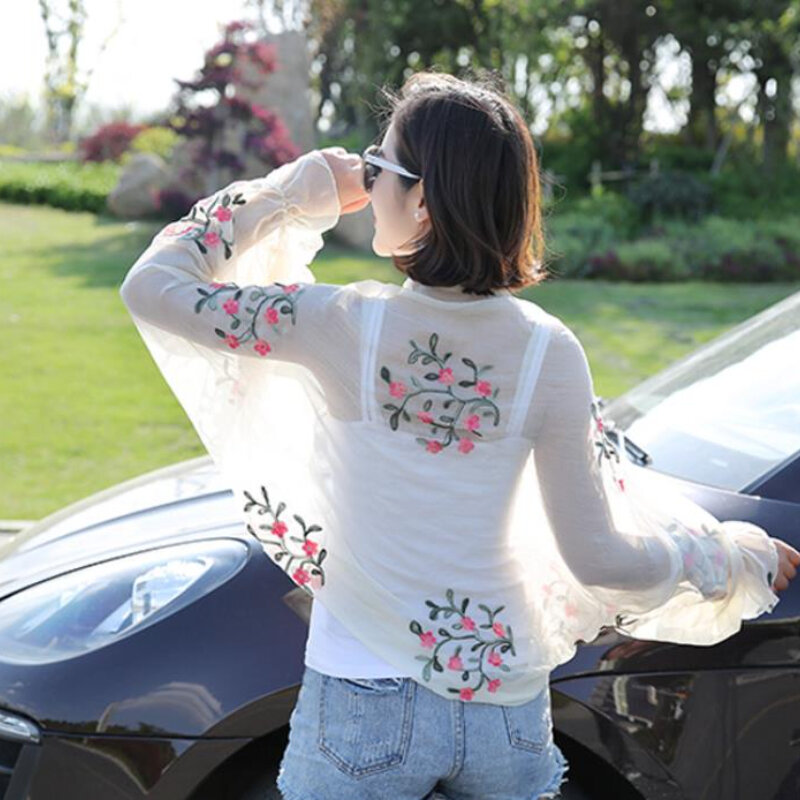 2024 Summer New Women Long Casual Embroidered Floral Sun Protection Sleeves Beach Shawl Shirt Chiffon Driving Scarf Arm Warmers