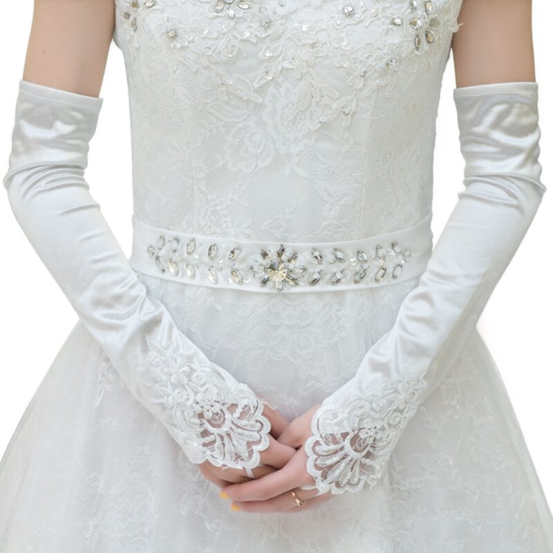 ผู้หญิงยาวถุงมือซาติน Elegant Princess งานแต่งงานอย่างเป็นทางการลูกไม้ Fingerless Mittens Drop shipping