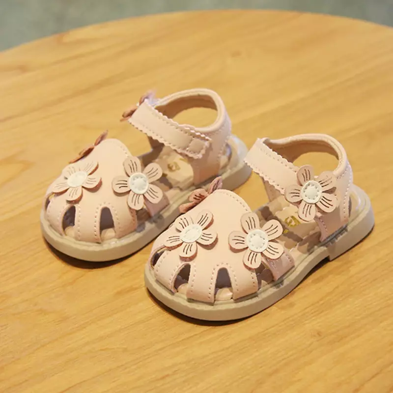 Sandal anak perempuan kecil, Kasut datar anti slip kasual untuk anak perempuan bunga manis, mode musim panas