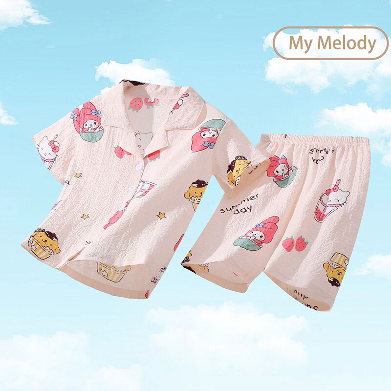 Летние Детские пижамные комплекты милый аниме Cinnamoroll Kuromi My Melody Детский кардиган с коротким рукавом Одежда для сна для девочек и мальчиков домашняя одежда