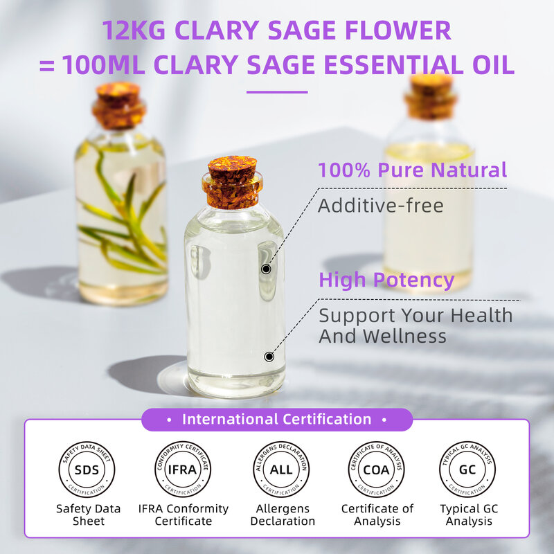 HIQILI 100ML Clary Sage Essential Oils for Diffuser Humidifier Candle Making Massage Aromatherapy 100% Pure Natural Aroma Oil