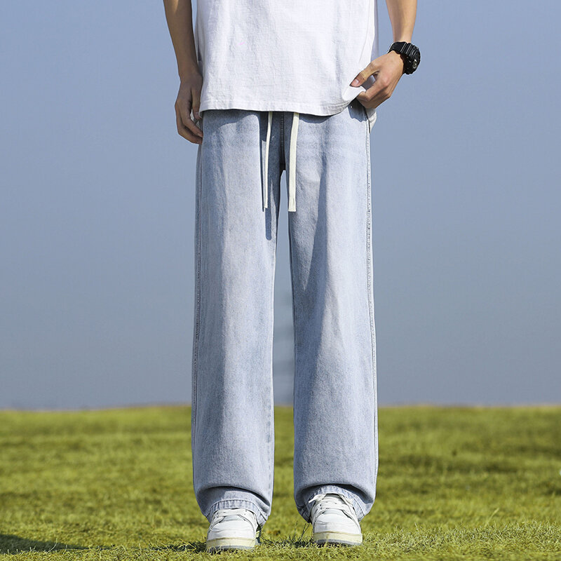 Pantalones vaqueros de pierna ancha para hombre, pantalones de goma lavados con cordón, moda de calle alta, primavera y otoño