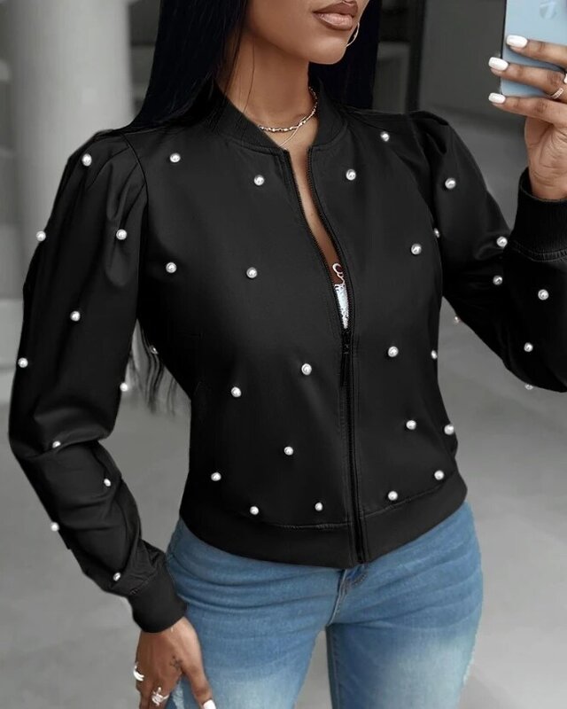 캐주얼 비즈 야구 칼라 지퍼 디자인 재킷 코트, 여성 패션, 달콤한 의류 의상, 2023 가을 겨울 용수철, 신상