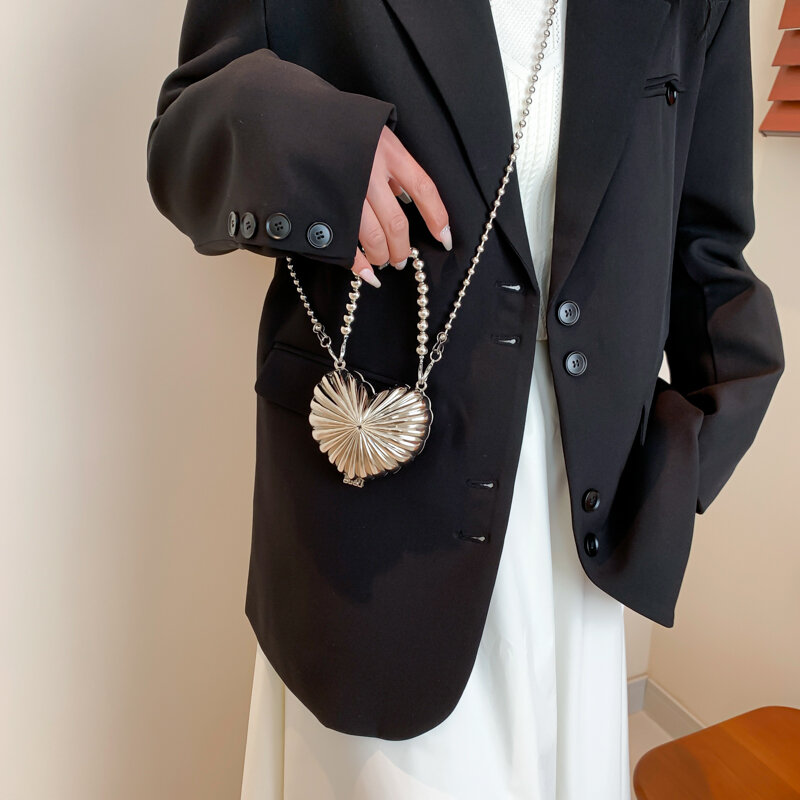 Love Heart Shape Super Mini Crossbody Bag Fashion Coin Purse Lipstick Bag For Women Luxury Silver Evening Clutch Bag Designer