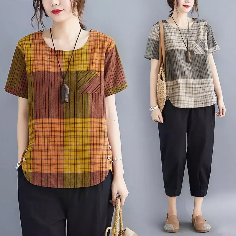 Sommer neue weibliche Vintage Plaid gedruckt T-Shirt lässige Damen bekleidung Mode All-Match-Taschen gespleißt Kurzarm Tops