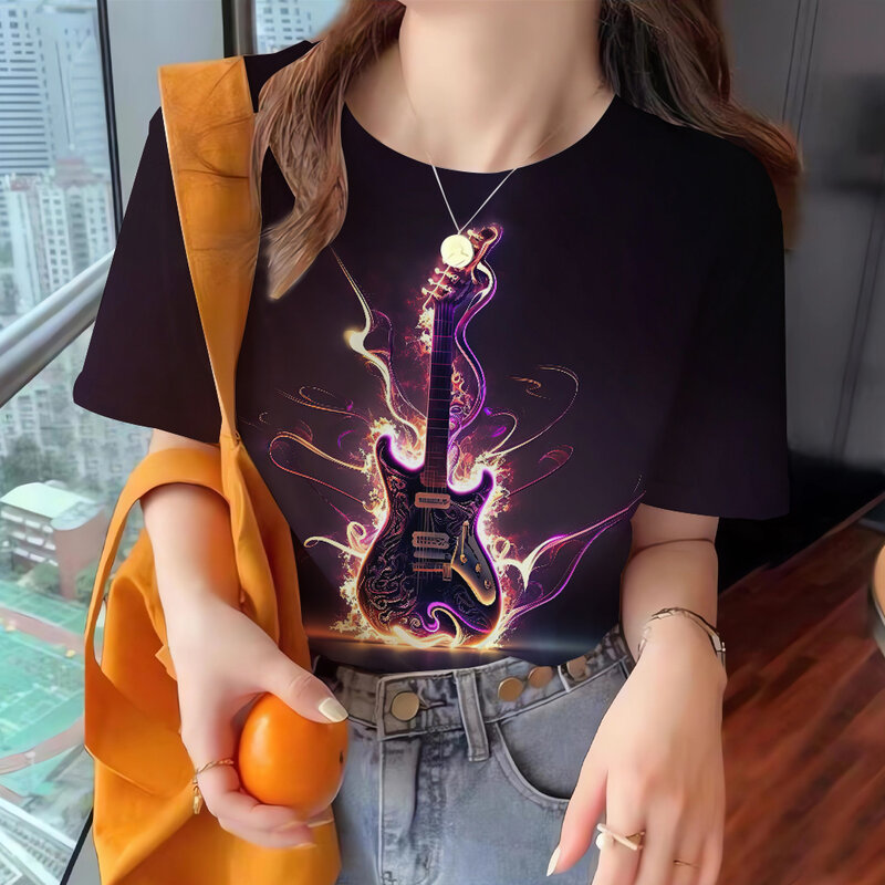 Camiseta informal 3D para mujer, Top Y2k, Camiseta holgada de manga corta con cuello redondo, estampado de guitarra, camisetas de calle a la moda para niñas