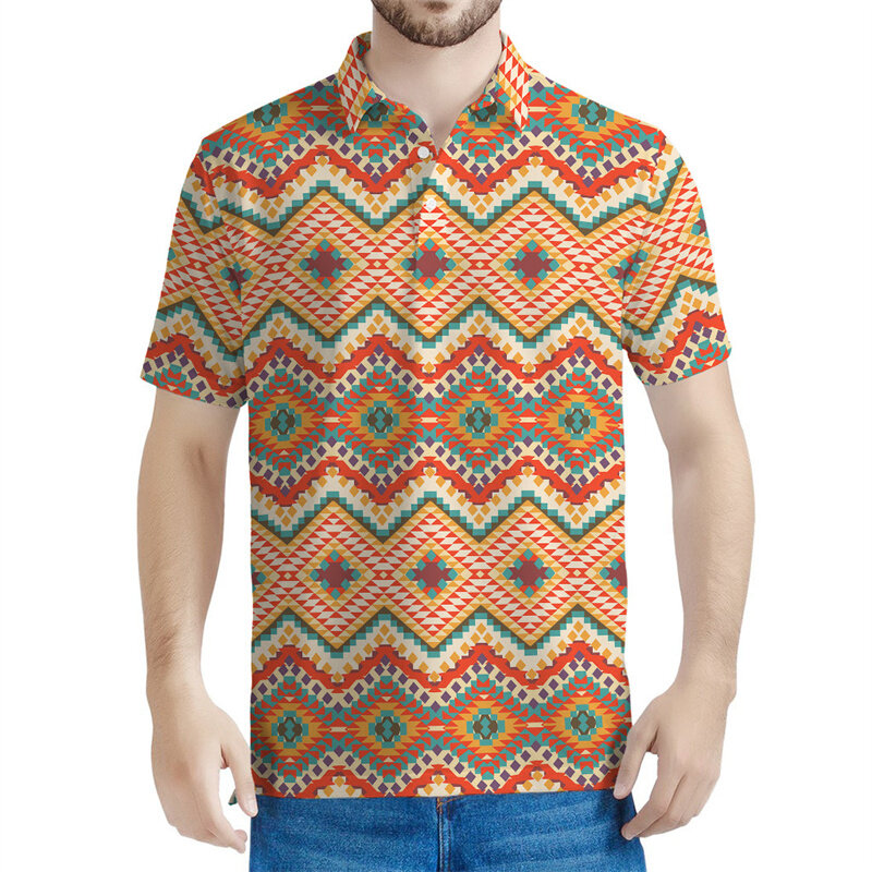 Рубашка-поло мужская с 3D-принтом навахо, винтажная уличная одежда с геометрическим рисунком, топ с коротким рукавом, с лацканами, большие размеры