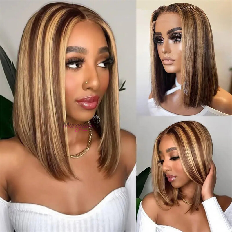 Highlight Bob Wig Colored Human Hair Wigs Brazilian Straight Lace Front Wig For Women Honey Blonde P4/27 Bob Lace Closure Wig