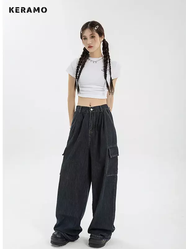 Harajuku feminina calça jeans azul larga larga, moda de moda hip-hop, grande, casual, calça demin vintage, calça larga, outono, Y2K