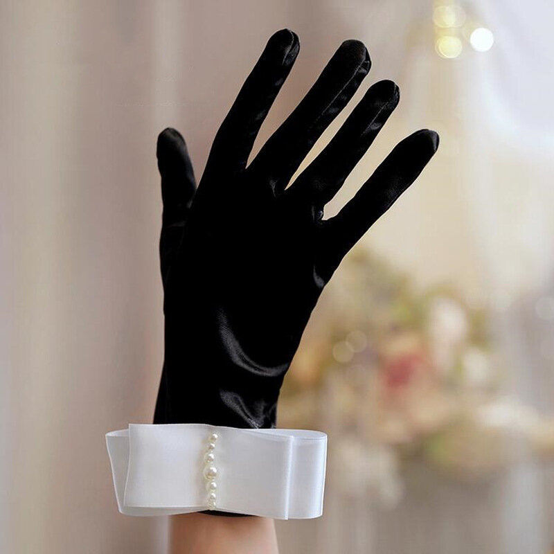 Женские черные атласные перчатки принцессы в стиле ретро для косплея, ужина, украшения из искусственного жемчуга, сценическая этикетка для представлений