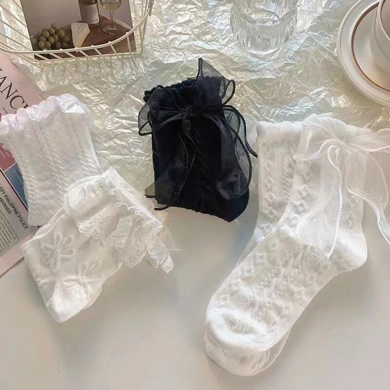 Frau Socken solide schwarz weiß Lolita Lacework Rüschen Socken Sommer dünne japanische Stil Kawaii süße Mädchen süße kurze Socken Frauen