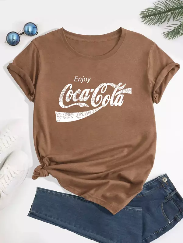 Camiseta de algodão com gola redonda feminina, manga curta, blusa casual, solta, estampada, camiseta Coca Cola, moda feminina, plus size