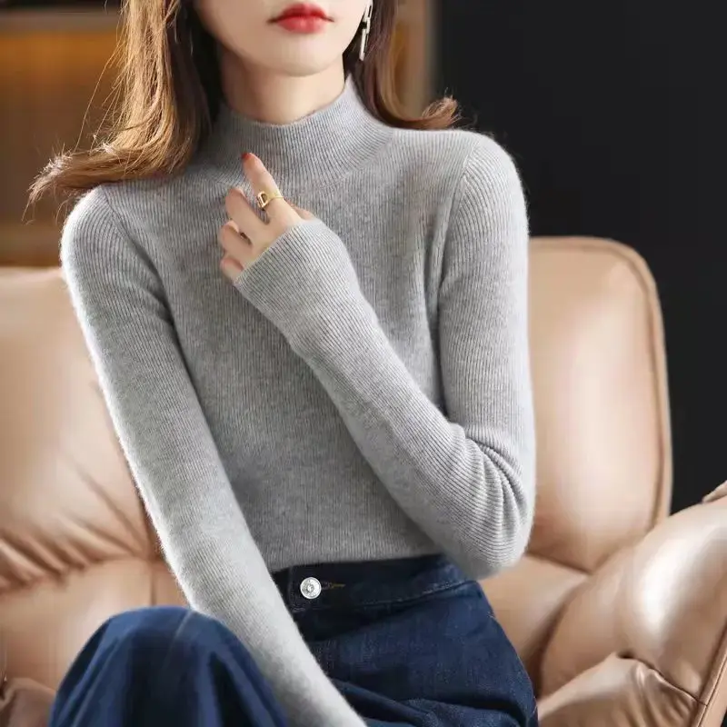 Sweter z półgolfem damska jesienno-zimowa 2023 nowa dzianina koszula Slim Fit z długim rękawem uniwersalny dolna koszula w stylu zachodnim