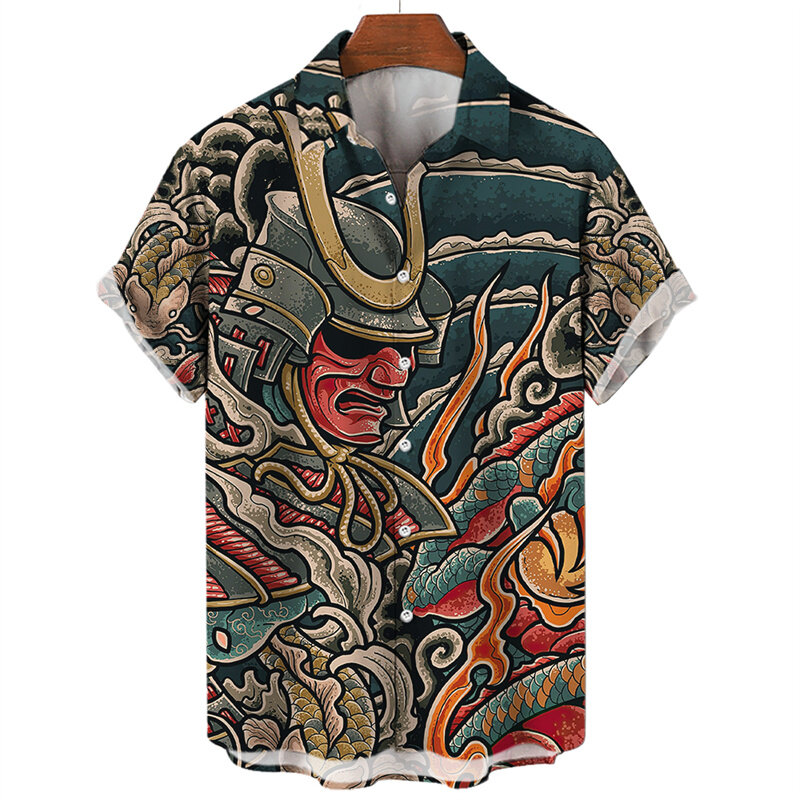 Vintage 3d Printed Japanese Samurai Skull Retro Shirt For Men Street Short Sleeve Tops Man Clothes Harajuku Floral Camisa Slim