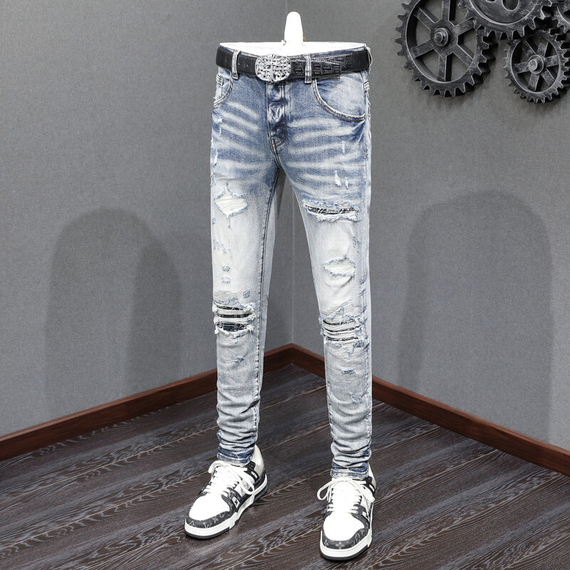 Calça Jeans Skinny Stretch Retro Azul Claro Masculino, Calças Rasgadas, Bandana Remendada, Calças Marca Hip Hop, Moda de Rua, Designer, Fit, Buraco