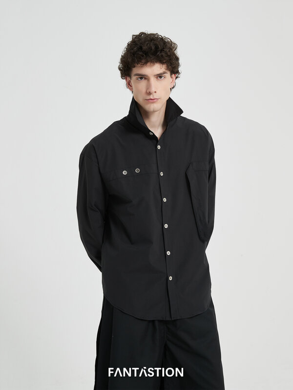 Fantastion-バックル付きの男性用ルーズフィットブラックシャツ,高級感,オリジナルデザイン,男性用服