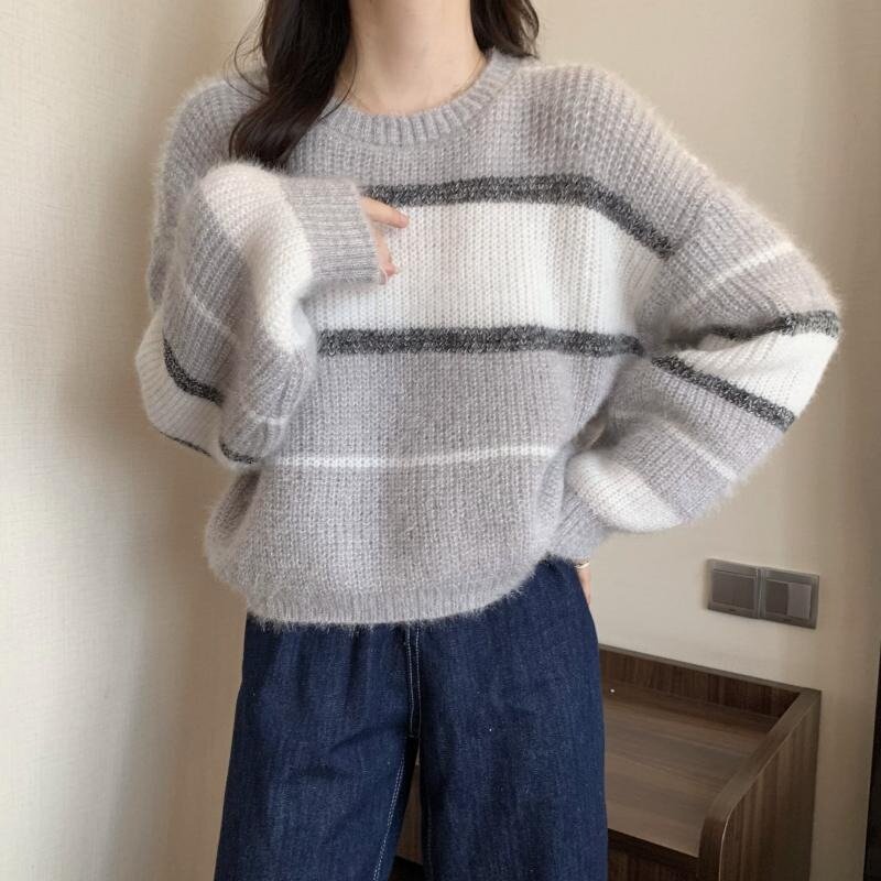 Lazy Style Loose Contrasting Striped Thickened Sweater Women's Autumn Winter Paired Short Knit Pullovers Top Both Outside Wear