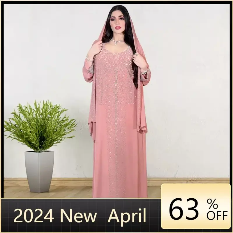 2024 Abaya Jurk Moslim Elegante Lange Mouw V-Hals Blauw Roze Diamanten Feest Avond Lange Jurk Maxi Jurk Moslim Mode Abaya