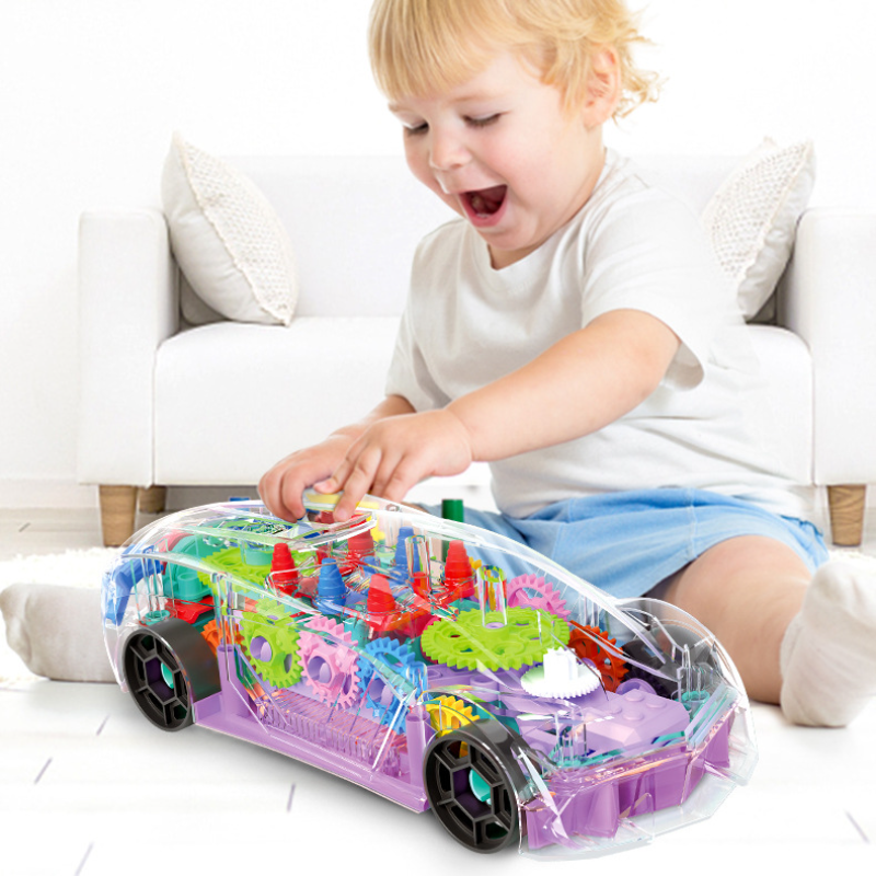 Jouet de voiture électrique universel transparent pour enfants, concept d'engrenage, rotation à 360 °, lumière LED, musique, cadeaux pour enfants