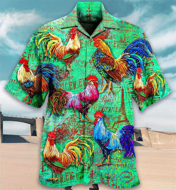 メンズ半袖ボタンハワイアンTシャツ,面白い鶏のプリントが施された楽しいビーチシャツ,プラスサイズのビーチウェア,6xl,カジュアルファッション,夏
