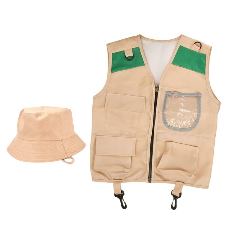 Kostium dla odkrywców kostiumów dla dzieci zestaw dla dzieci i odkrywców przygody, w tym kamizelka i czapka, element ubioru prezent dla dzieci na przygody na świeżym powietrzu